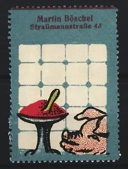 Reklamemarke Martin Böschel, Strassmannstrasse 43, Schwein mit Schale