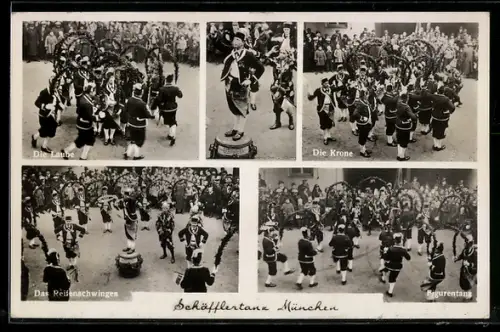 AK München, Schäfflertanz, Tanz, Krone, Figurentanz, Laube, Reifenschwingen