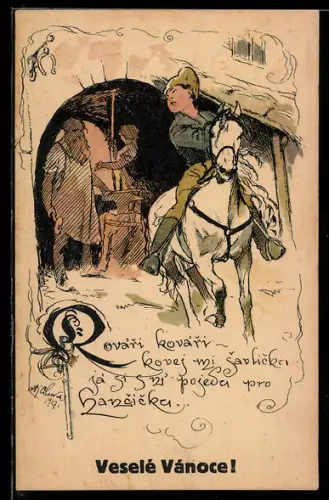 AK Szene in einer Schmiede mit einem jungen auf einem Pferd