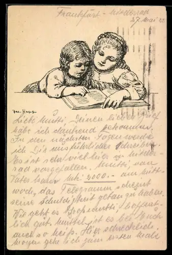 AK Frankfurt /Main, Zwei Kinder beim Lesen, Kinderfürsorge, Kinderhilfe