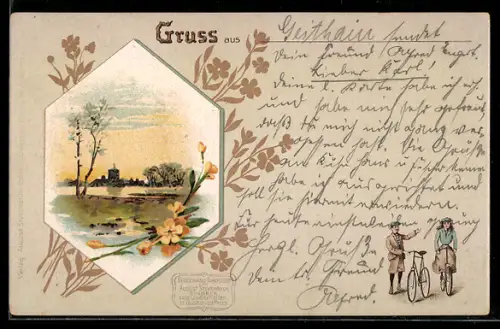 AK Einbeck, Idyllische Ortspartie und Reklame für Fahrräder von August Stukenbrok, Teutonia Pneumatic