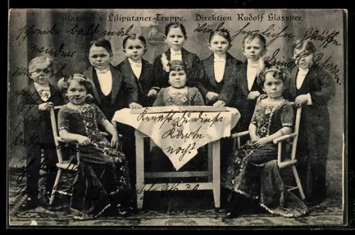 AK Glässners Liliputaner-Truppe in eleganter Kleidung unter der Direktion von Rudolf Glässner
