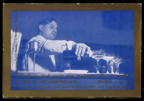 AK Mitarbeiter an der Bar schenkt Sekt in die Gläser, Reklame