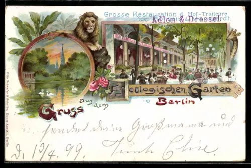 Lithographie Berlin, Partie im Zoologischen Garten, Löwe und Gästebereich