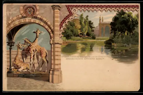 Lithographie Berlin, Antilopenhaus m. Giraffen, Zoologischer Garten