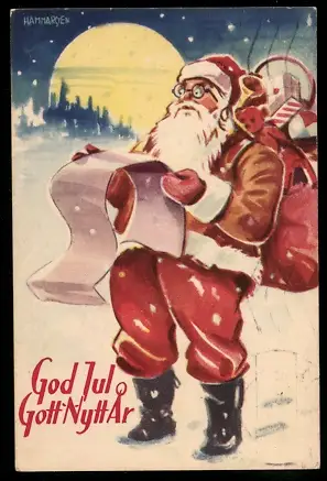 Mini-AK Weihnachtsmann mit Geschenkesack auf dem Rücken betrachtet seine Liste