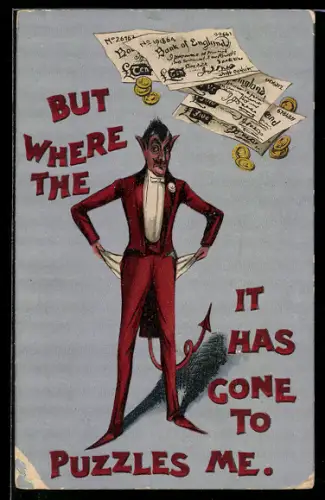 AK Teufel im Frack unter Geldscheinen und Münzen