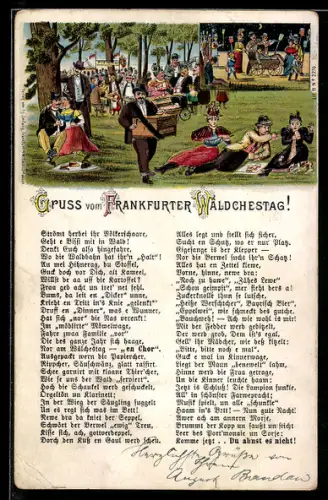 Lithographie Frankfurt, Volksfest Wäldchestag, Festwiese mit verliebten Paaren, Leierkastenspieler