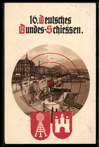 AK Hamburg. 16. Deutsches Bundesschiessen 1909, Zielscheibe am Jungfernstieg, Wappen