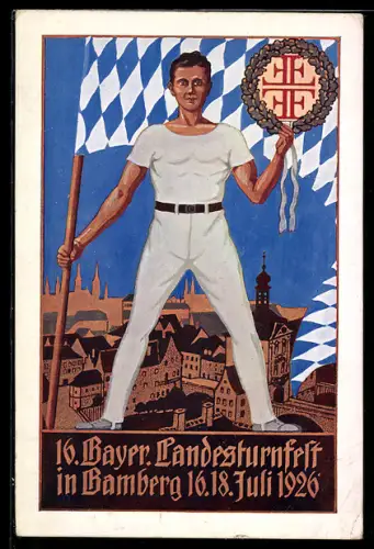 Künstler-AK Bamberg, 16. Bayerisches Landesturnfest 1926, Turner mit Bayerischer Fahne
