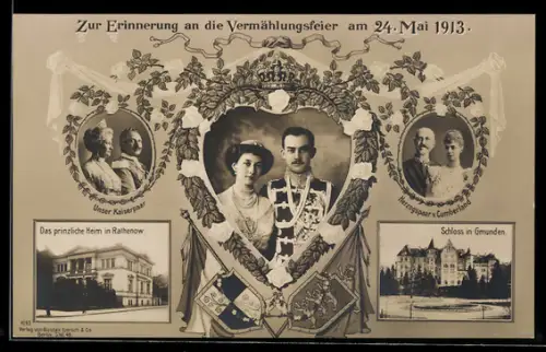 AK Erinnerung an die Vermählungsfeier 1913, Herzog Ernst August von Braunschweig, Portrait, Wappen