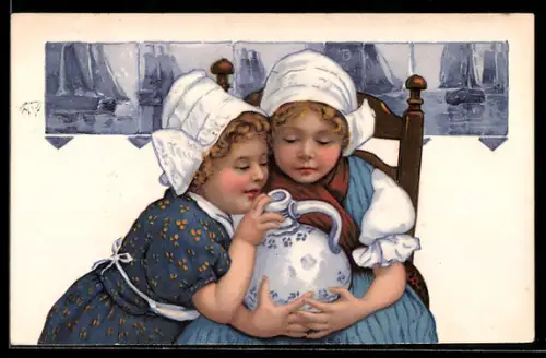 Lithographie Zwei kleine Niederländerinnen in Tracht