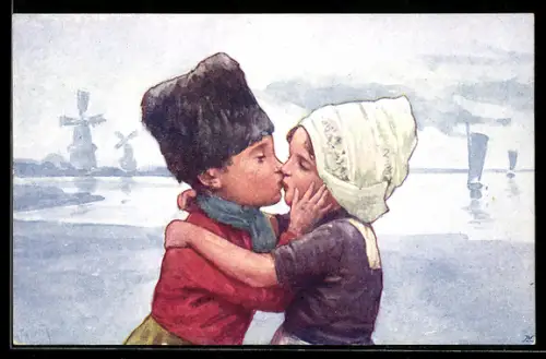 Künstler-AK Karl Feiertag: Junge küsst Mädchen auf den Mund