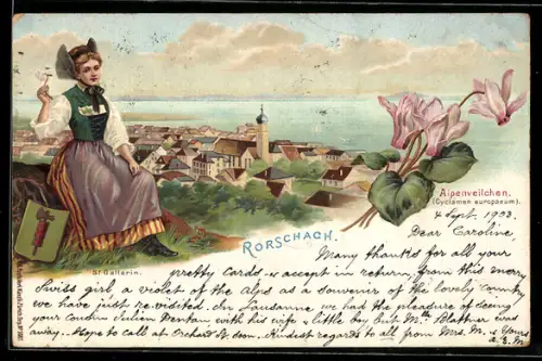 Lithographie Rorschach, Ortsansicht mit Bodensee, Alpenveilchen und St. Gallerin in Tracht