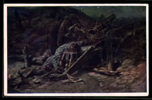 Künstler-AK Rotes Kreuz, Kriegsfürsorgeamt Nr. 495, Fr.Jung: Soldat stirbt an einem Geschützt durch feindlichen Beschuss