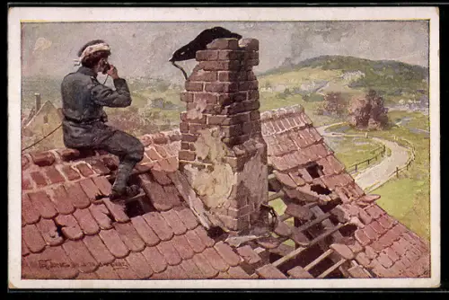 AK Nr. 430: Korperal Leopold Wiestl gibt trotz schwerer Verletzung von einem Dach Zielanweisungen an Artillerie, Rotes K