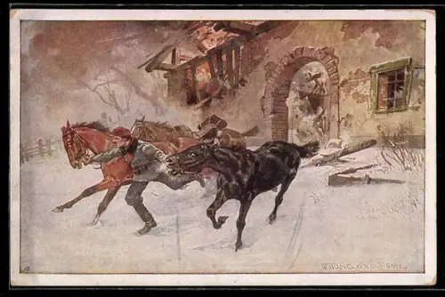 AK Rotes Kreuz Nr. 431: Korporal Franz Vesely rettet Pferde aus einem brennendem Haus