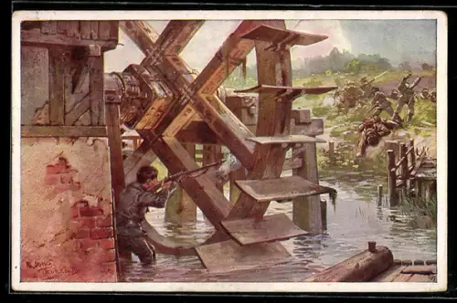 Künstler-AK Fr. Jung: Rotes Kreuz Nr.:434, Soldat schiesst auf Feinde hinter einem Mühlrad