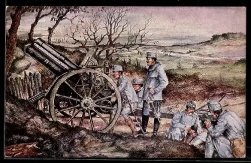 AK Rotes Kreuz Nr. 255, Schussbereit, Soldaten an schwerem Geschütz