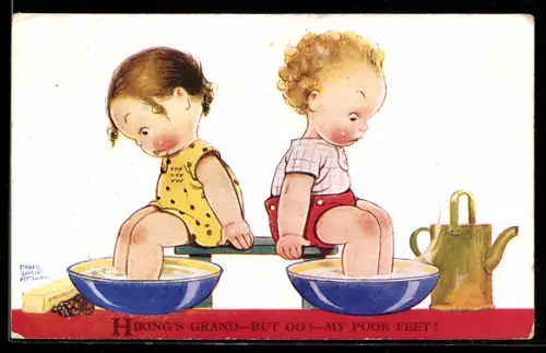 Künstler-AK Mabel Lucie Attwell: Kleine Kinder nehmen ein heisses Fussbad