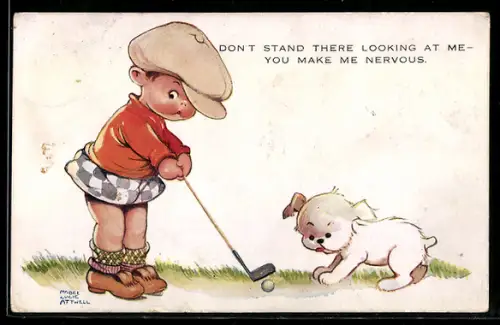 Künstler-AK Mabel Lucie Attwell: kleine Golfspielerin mit Hund holt zum Schlag aus