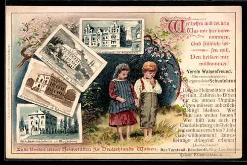 Lithographie Schwabach, Reichswaisenhaus, Waisenhäuser in Salzwedel, Magdeburg und Lahr