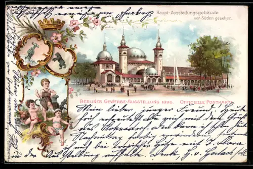 Lithographie Berlin, Gewerbe-Ausstellung 1896, Haupt-Ausstellungsgebäude, Kinder als Handwerker