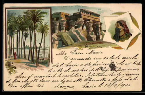 Lithographie Gizeh, Temple de Kôm-Ombo, Palmiers