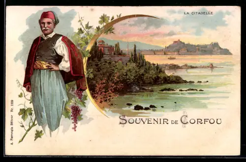 Lithographie Corfou, La Citadelle, Zitadelle im Abendlicht, Grieche in Tracht