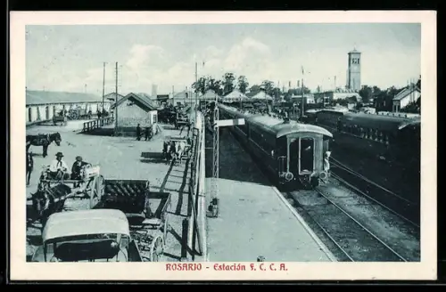 AK Rosario, Estacion FCCA, Eisenbahnzüge halten im Bahnhof, Pferdekutsche