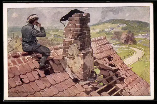 AK Nr. 430: Korperal Leopold Wiestl gibt trotz schwerer Verletzung von einem Dach Zielanweisungen an Artillerie, Rotes K