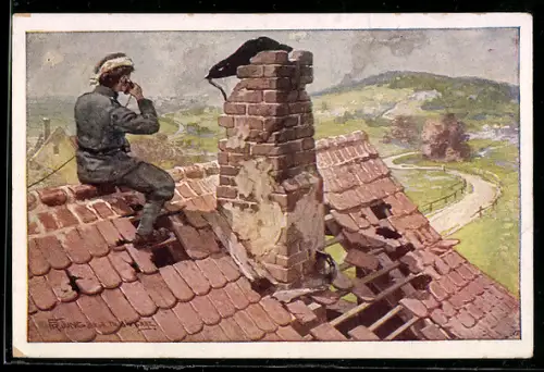 AK Nr. 430: Korperal Leopold Wiestl gibt trotz schwerer Verletzung von einem Dach Zielanweisungen an Artillerie, Rotes K