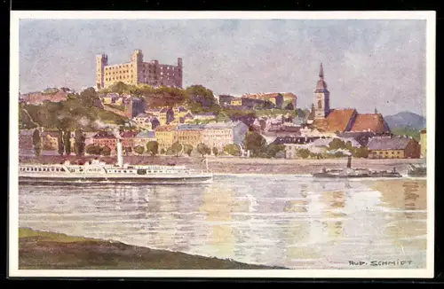 Künstler-AK Pozsony, Ansicht an der Donau mit Burg und Kirche