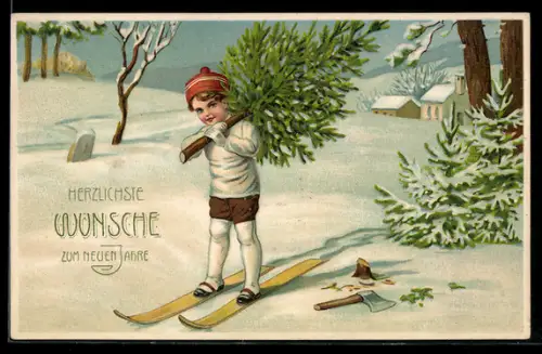 AK Junge auf Skiern mit Tannenbaum, Neujahrsgruss