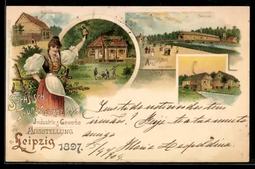 Lithographie Leipzig, sächsisch-thüringische Industrie & Gewerbe Ausstellung 1897, Ansichten aus dem Dorf, Brücke