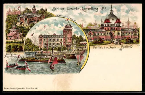 Lithographie Berlin, Berliner Gewerbe-Ausstellung 1896, Pavillon der Stadt Berlin