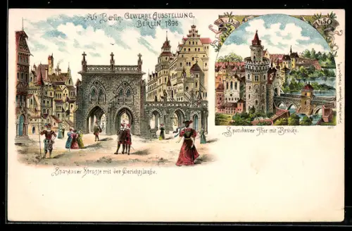 Lithographie Berlin-Treptow, Berliner Gewerbe-Ausstellung 1896, Spandauer Strasse m. d. Gerichtslaube