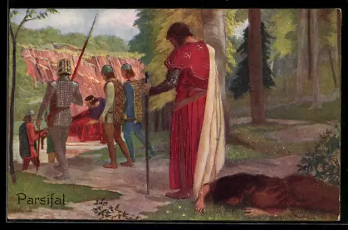 Künstler-AK Parsival, Amfortas, Gurnemanz, Kundry, Knappen und Ritter tragen Amfortas zum Bade