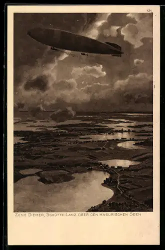 Künstler-AK Zeno Diemer: Schütte-Lanz Zeppelin über den Masurischen Seen