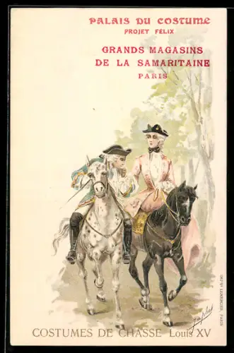 Künstler-Lithographie Palais du Costume, Projet Félix, Costumes de Chasse Louis XV, histor. Jagdkostüme