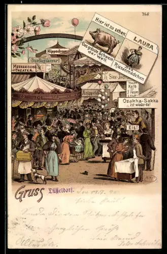 Lithographie Grösstes Schwein der Welt und Riesenmädchen auf einem Volksfest