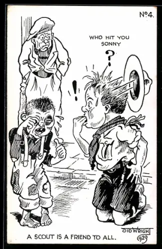 AK Pfadfinder kümmert sich um einen weinenden Jungen mit blauem Auge