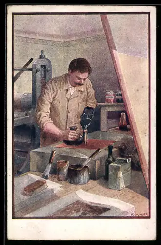 AK Rotes Kreuz Nr. 530: Mann mit amputiertem Arm arbeitet in einer Druckwerkstatt