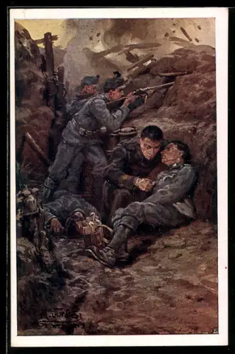 Künstler-AK Rotes Kreuz Nr. 575: Soldaten während eines Gefechts im Schützengraben