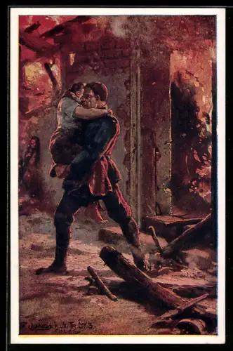 Künstler-AK Rotes Kreuz Nr.553: Infanterist Georg Caspar rettet eine Frau aus brennendem Haus