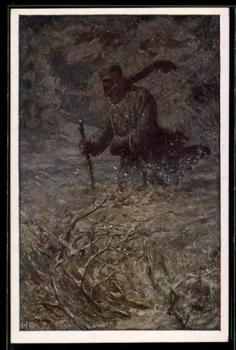 AK Rotes Kreuz Nr. 436: Kanonier Johann Grema wartet im Schnee