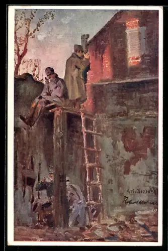 Künstler-AK Rotes Kreuz Nr. 444: Infanterie-Aufklärer in einem zerstörten Gebäude