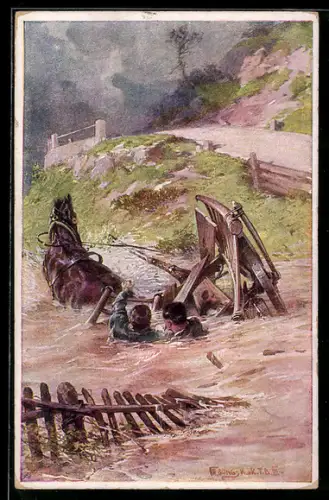 Künstler-AK Fr. Jung: Wachtmeister im Landwehr-Ulanenregiment rettet Franz Szallay aus dem Hochwasser, Rotes Kreuz