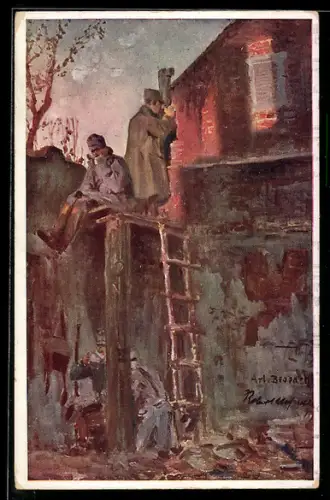 Künstler-AK Rotes Kreuz Nr. 444: Infanterie-Aufklärer in einem zerstörten Gebäude