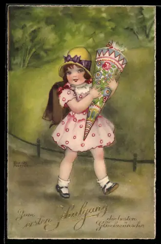 Künstler-AK Hannes Petersen: kleines Schulmädchen trägt ihre Schultüte beim ersten Schulgang